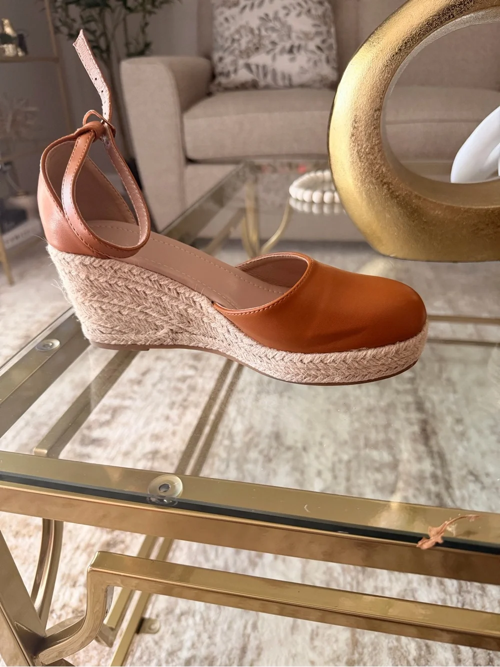 Tan Espadrille Wedge Sandals with Ankle Strap